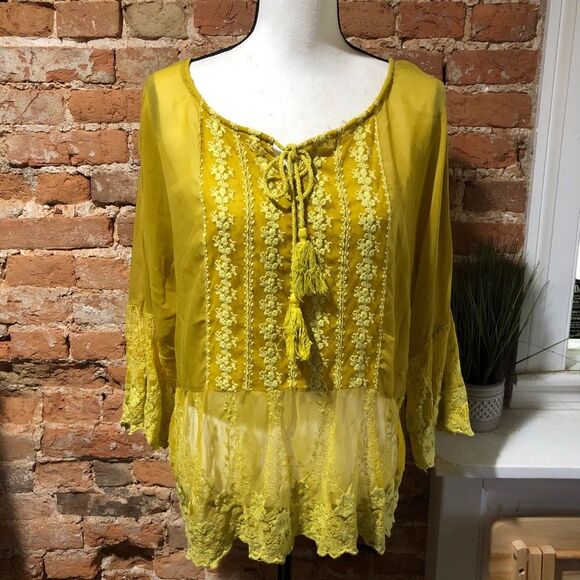 A’REVE WOMENS MEDIUM SHEER LACE BOHO TOP BLOUSE PEASANT COTTAGE BOHEMIAN - Picture 1 of 8